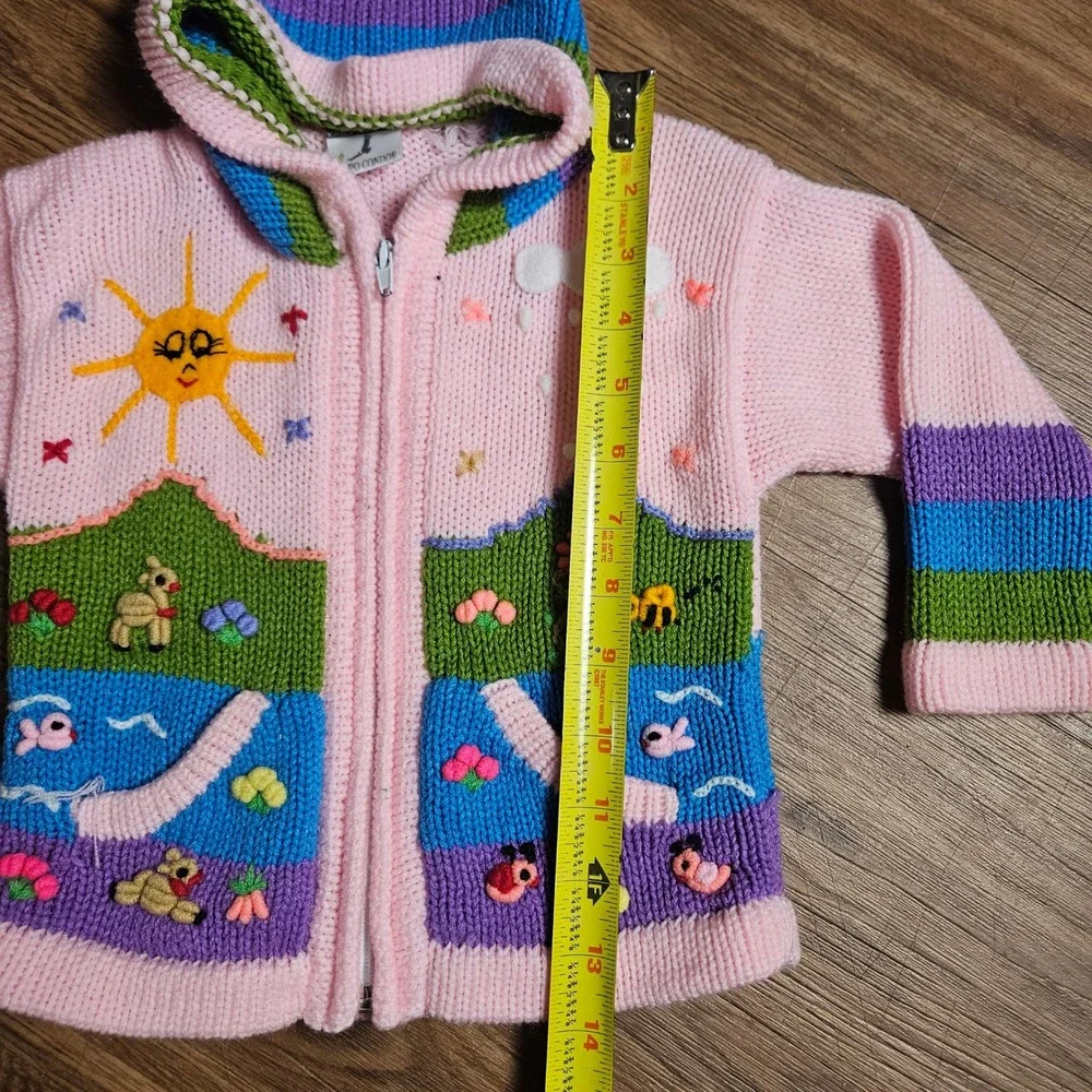 Vintage Grupo Condor Girls Knit Zip Hoodie 6-12M Llama Sun Hand Embroidered Peru